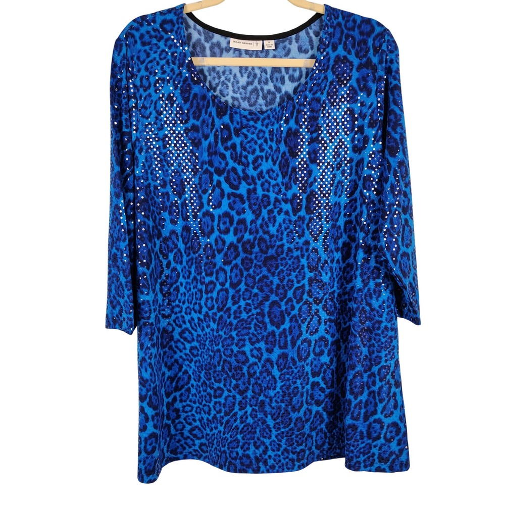 Susan Graver Womens 1X Blue Leopard Sequin Tunic Top Animal Print Glam Y2K